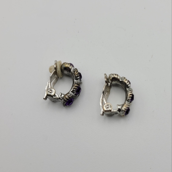 Vintage Deep Purple and Silver Tone Half Hook Clip On Earrings - Picture 5 of 8